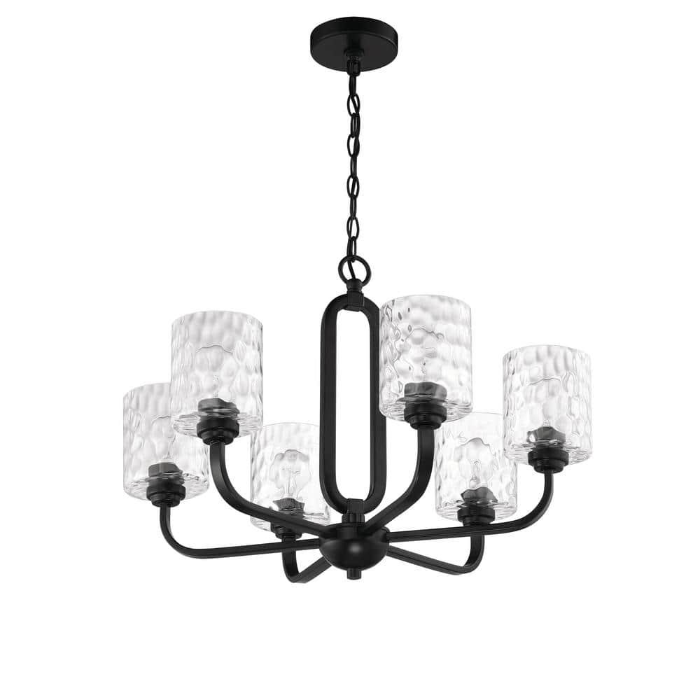 Collins 6-Light Flat Black Finish w/Hammered Glass Transitional Chandelier for Kitchen/Dining/Foyer No Bulb Included