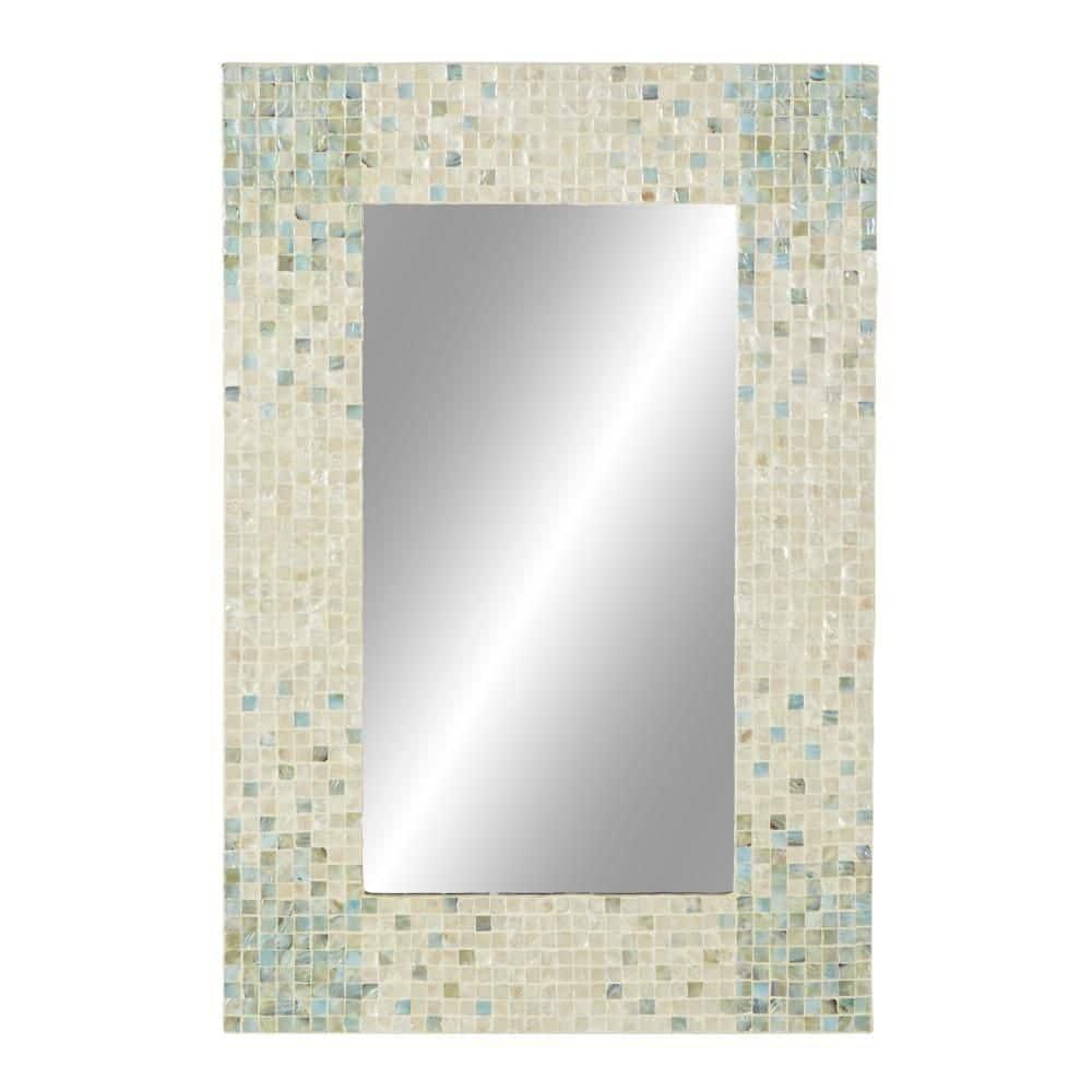 DecMode 24" x 36" Cream Handmade Mosaic Wall Mirror with Blue Corners