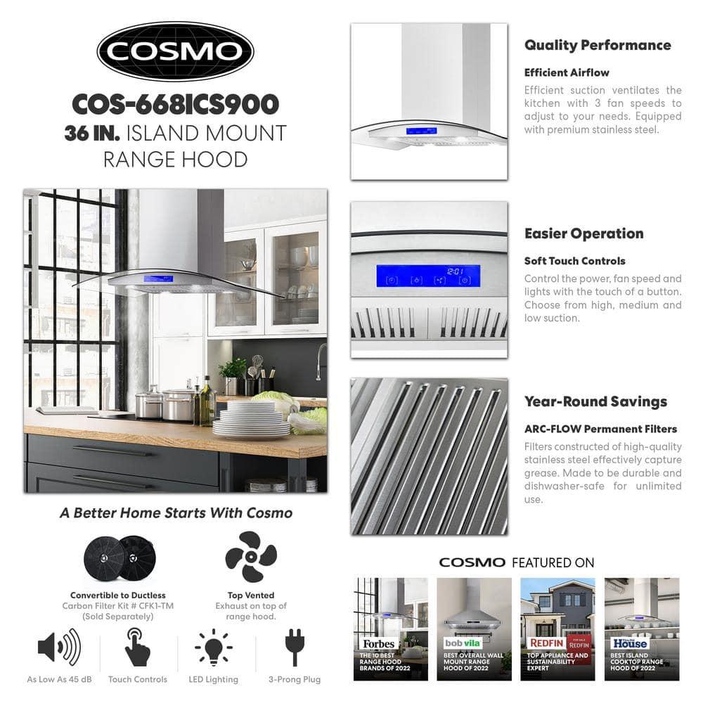 Cosmo COS-668ICS900 36 Inch Island Range Hood w/ Touch Controls, Stainless Steel