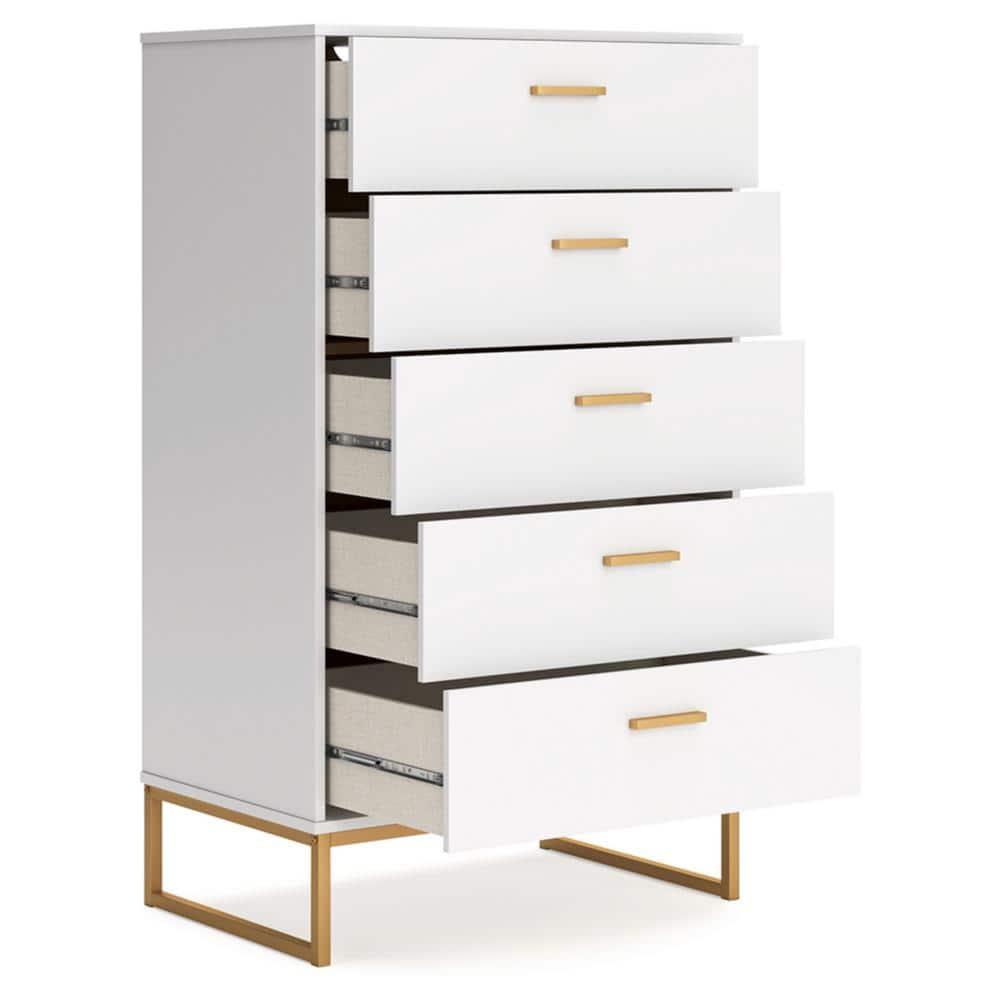 Signature Design by Ashley Socalle 5 Drawer Tall Dresser, White/Gold