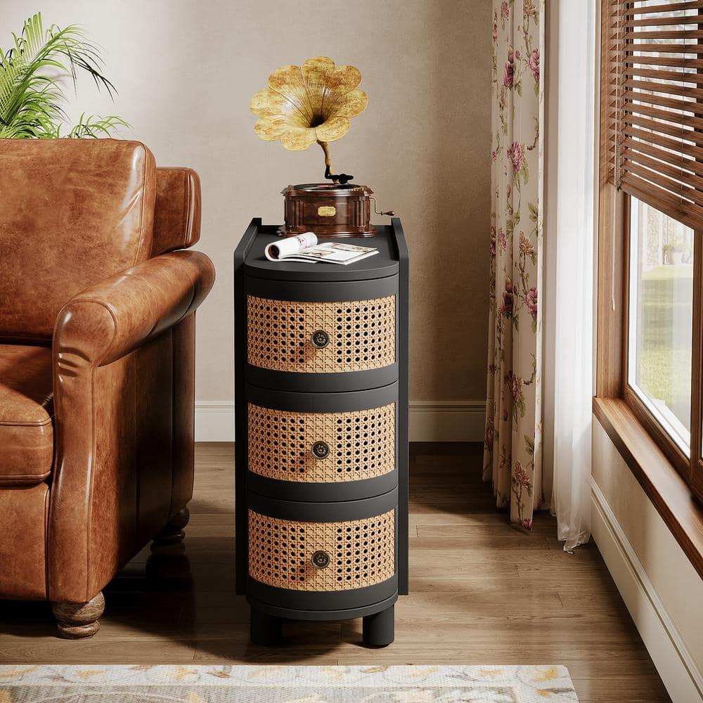 Canddidliike Wood End Table, 3-Drawer Side Table NightStand with 3 Rattan Drawers, End Table for Bedroom, Black