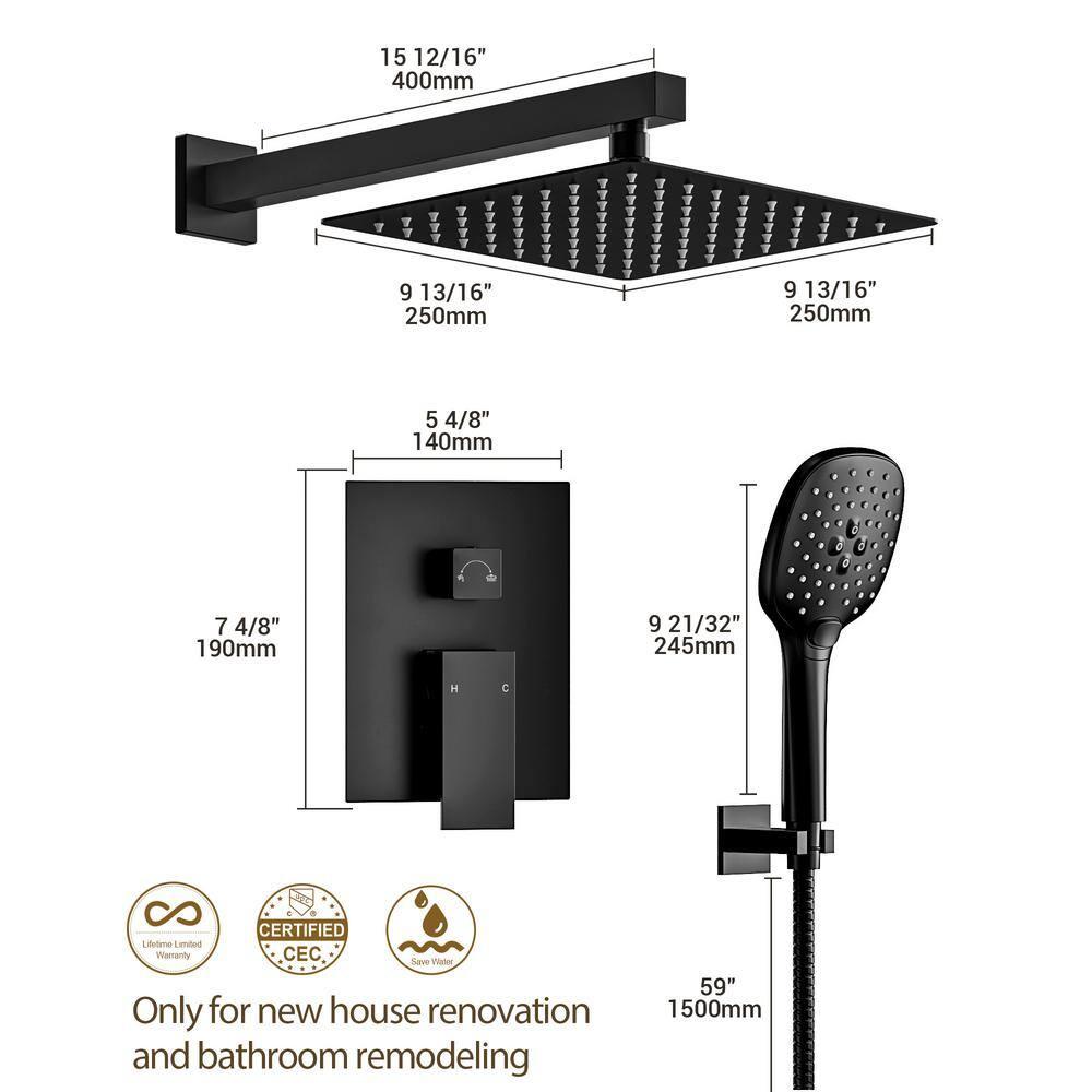 YAWWALK 10" Shower Head with 3-Spray Patterns Handheld in Matte Black (Valve Included)