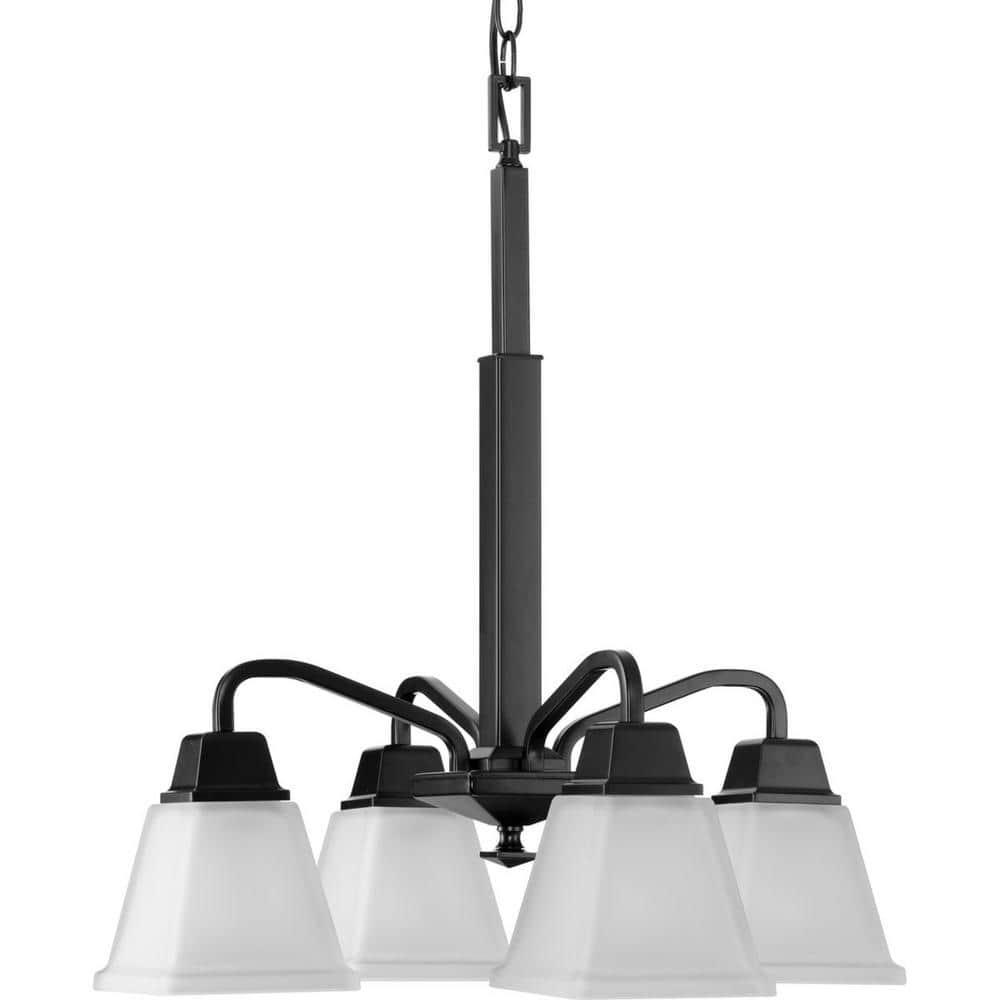 Progress Lighting, Clifton Heights, 4-Light Chandelier, Matte Black, Etched Square Glass Shades