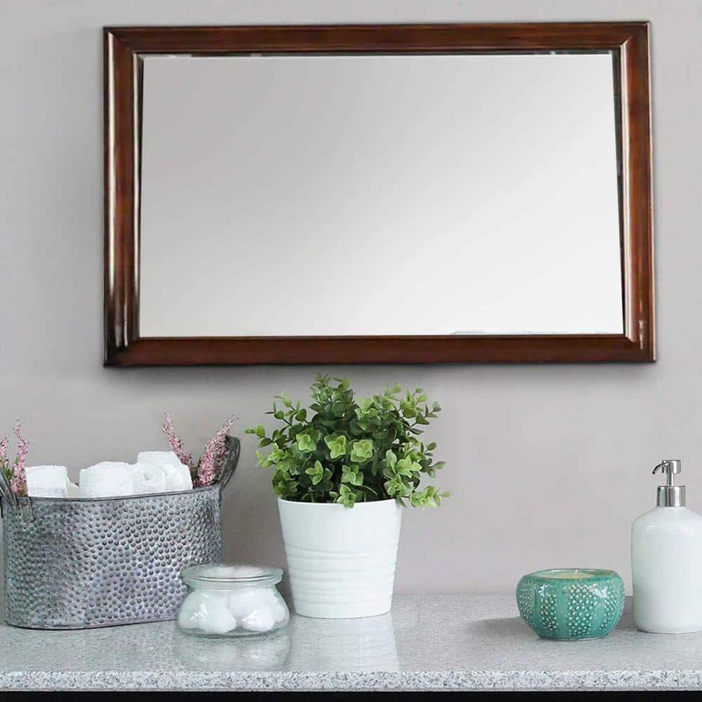 44 Inch Wall Mirror Molded Trim Rectangular Wood Frame Cherry Brown - Saltoro Sherpi