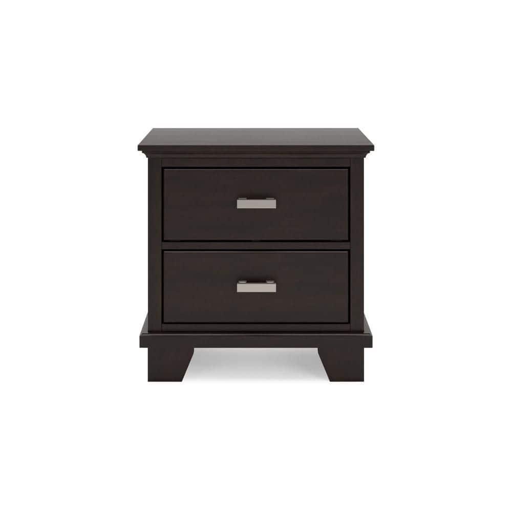 Benjara Teno Nightstand, 2 Drawers, Nickel Handles, Dark Brown Solid Hardwood