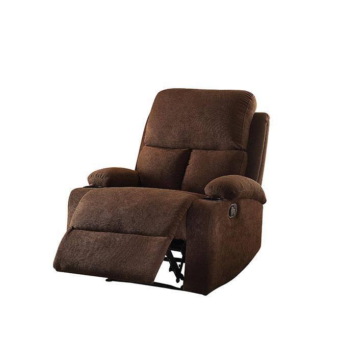 Rosia Linen Recliner Chocolate - Acme Furniture: Microfiber, Cup Holders, Wood Frame