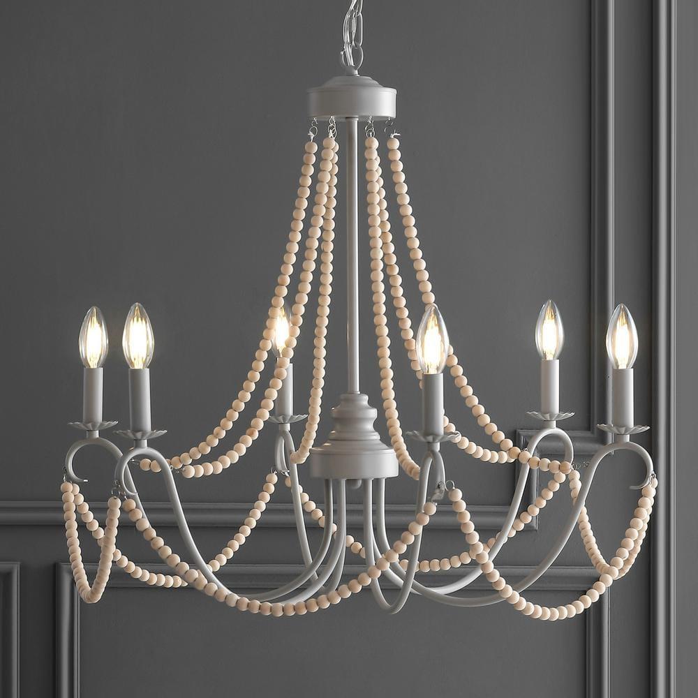 Rustica 6-Light 27" Adjustable Greige Metal/Wood Bead LED Chandelier, Grey/Natural