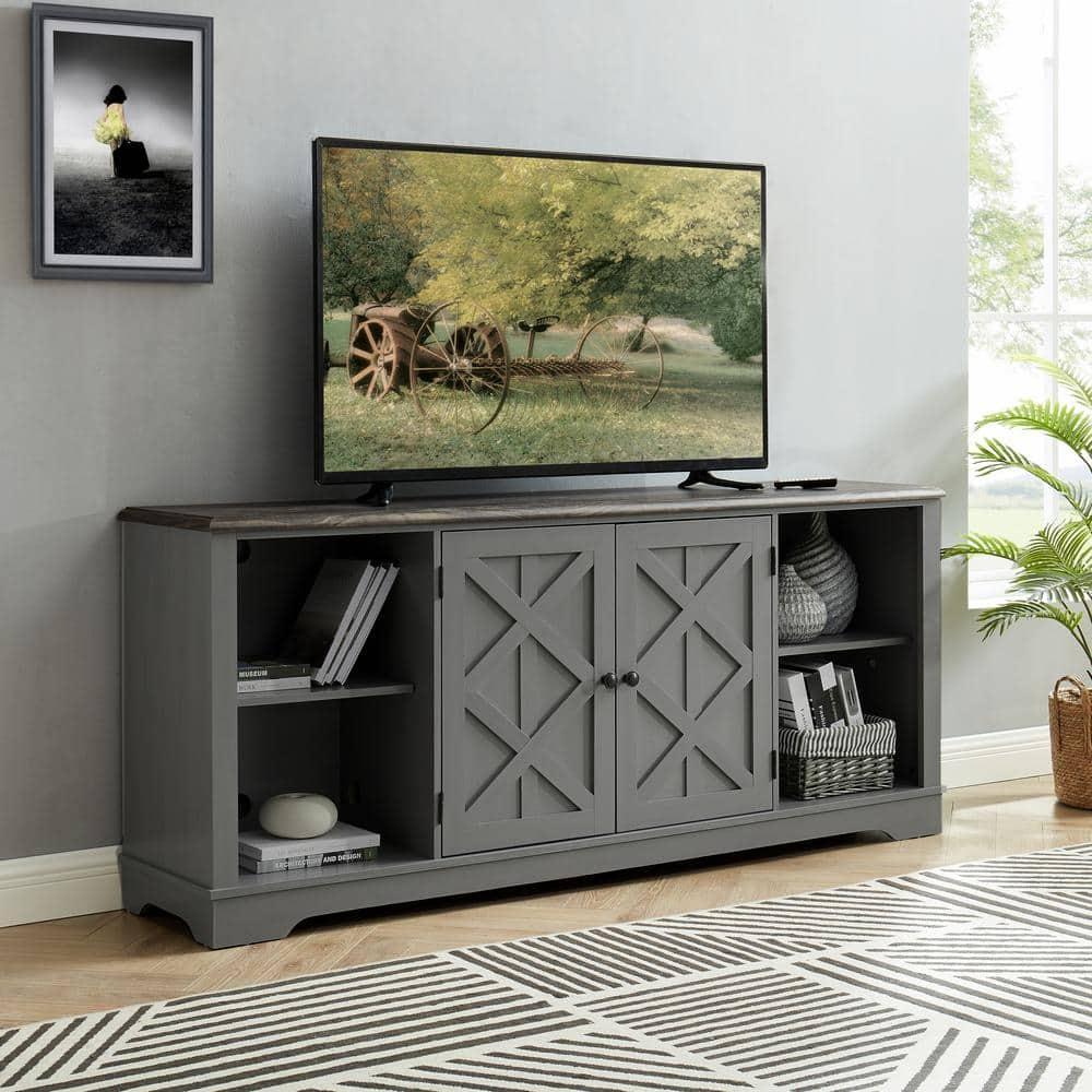 TV Stand for TVs up to 78" Gray - Home Essentials: Swing Doors, Open Shelf, Cable Management