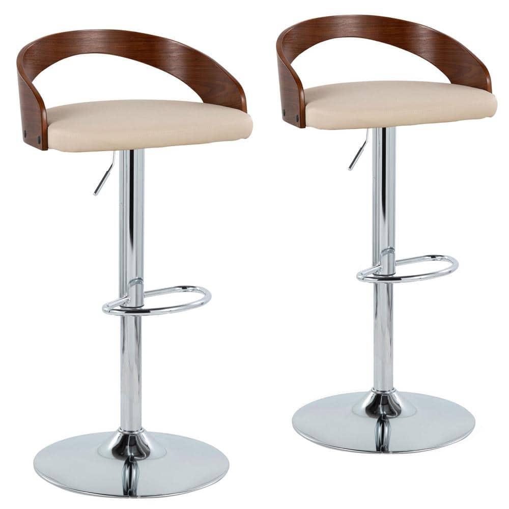 Grotto Mid-Century Modern Adjustable Height Barstool with Swivel in Chrome Metal, Walnut Wood and Cream Faux Leather with Oval Footrest by LumiSource - Set of 2