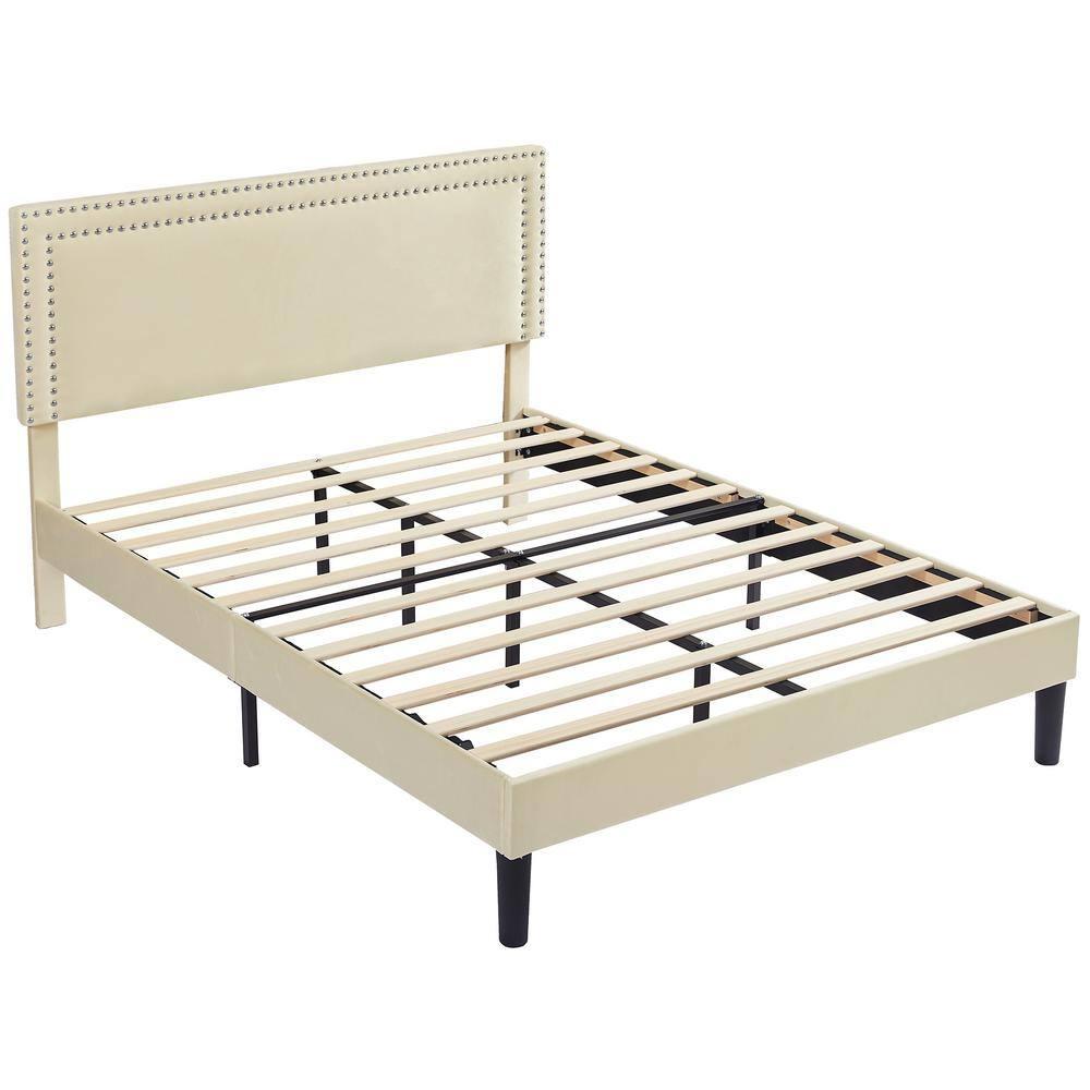Katkuca Queen Bed Frame, Upholstered Queen Size Platform Bed Frame with Adjustable Headboard, Strong Wood Slat Support, No Box Spring Needed, Beige