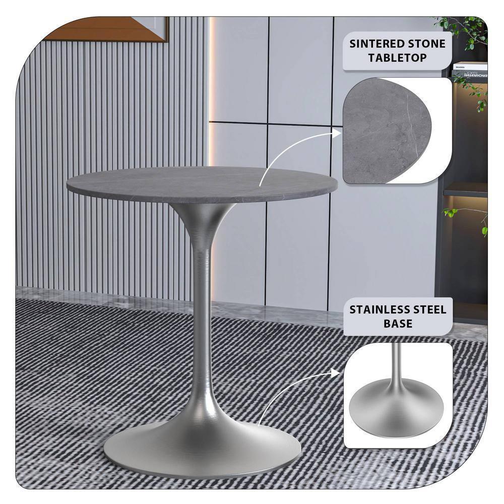 George Oliver Heatherton 27" Round Dining Table with Sintered Stone Top and Brushed Silver Stainless Steel Pedestal Base Kitchen Table Seats 2-4 Person