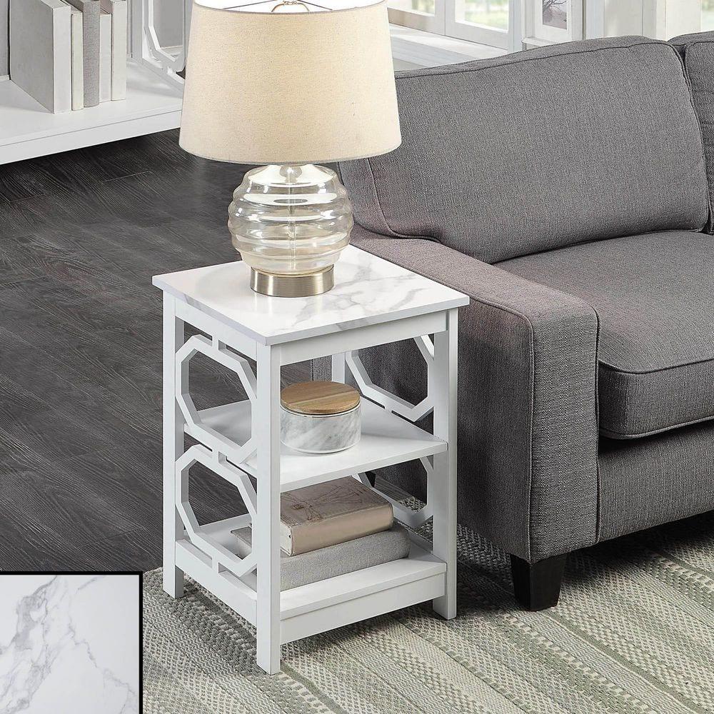 Convenience Concepts Omega End Table with Shelves, White Faux Marble/White