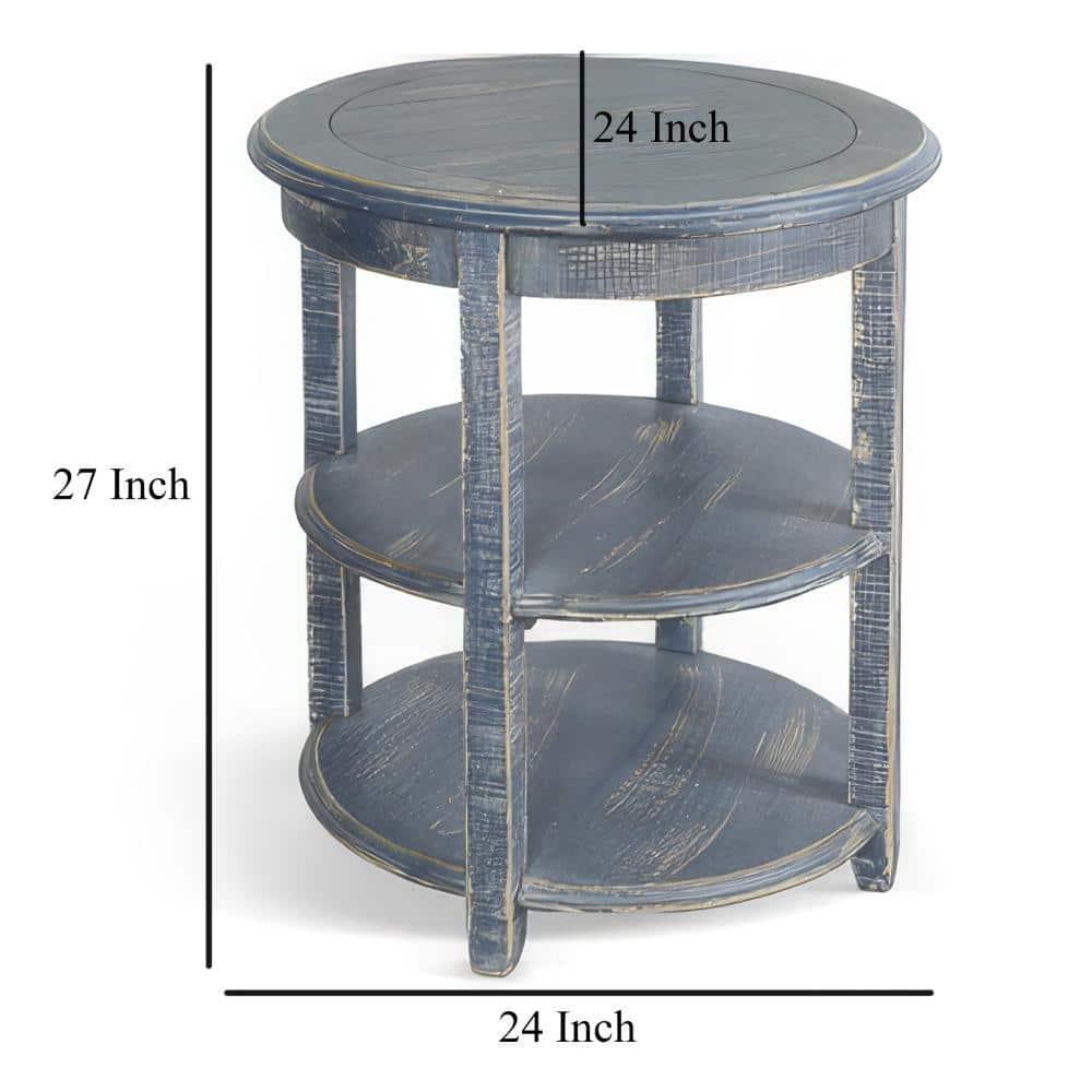 Benjara Rena Side End Table, Scallop Trim, 28 Inch Distressed Blue Mahogany