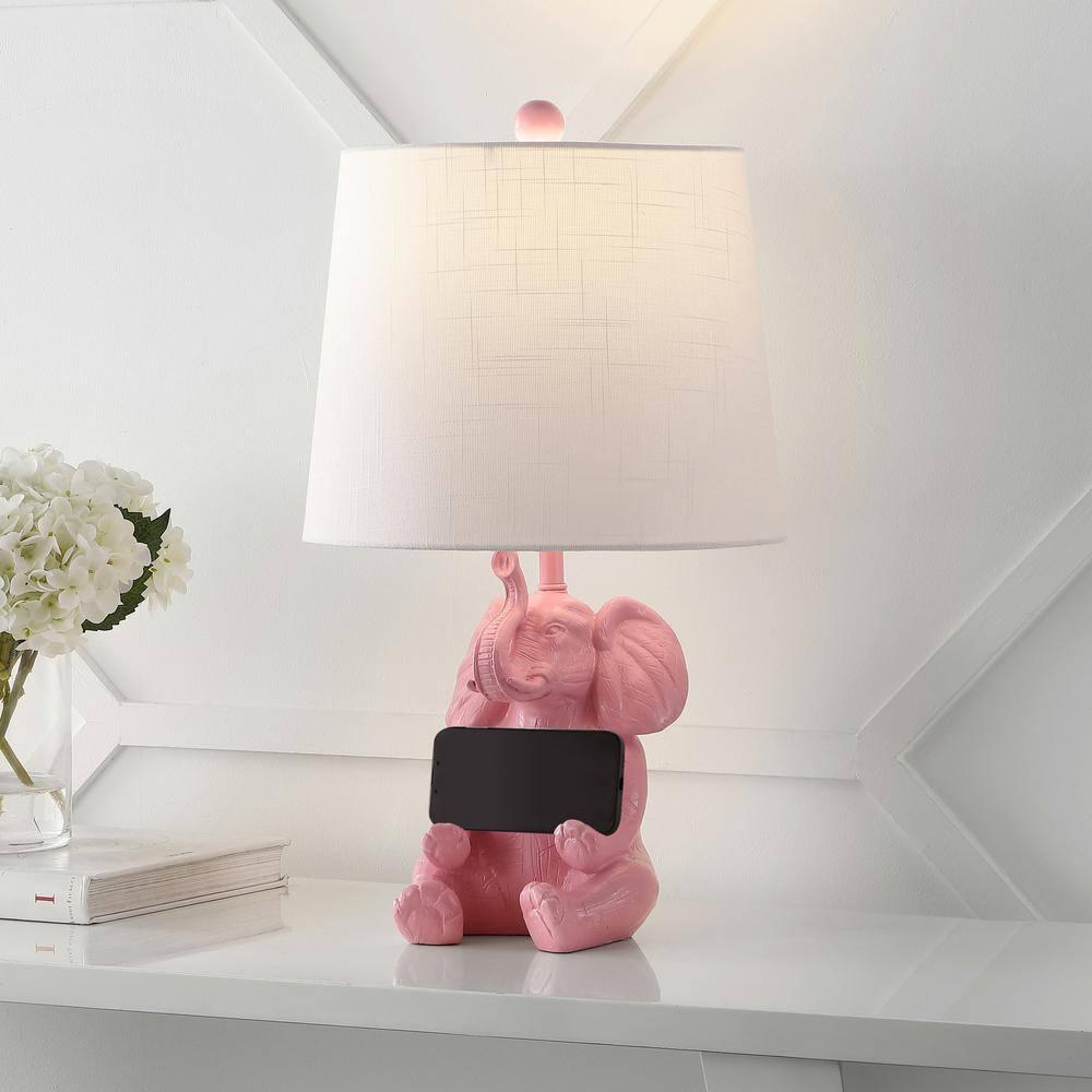 Kairi 21" Modern Shabby Chic Resin/Iron Happy Elephant LED Kids' Table Lamp with Phone Stand, Pink