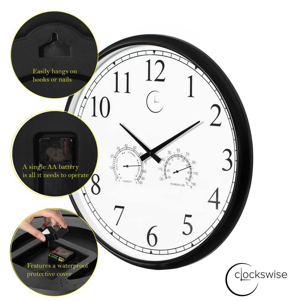 Clockswise 18 Inch Outdoor Wall Clock Thermometer Combo, Waterproof Hygrometer Silent Battery Operated Clocks Timepiece Garden Weather Master Station