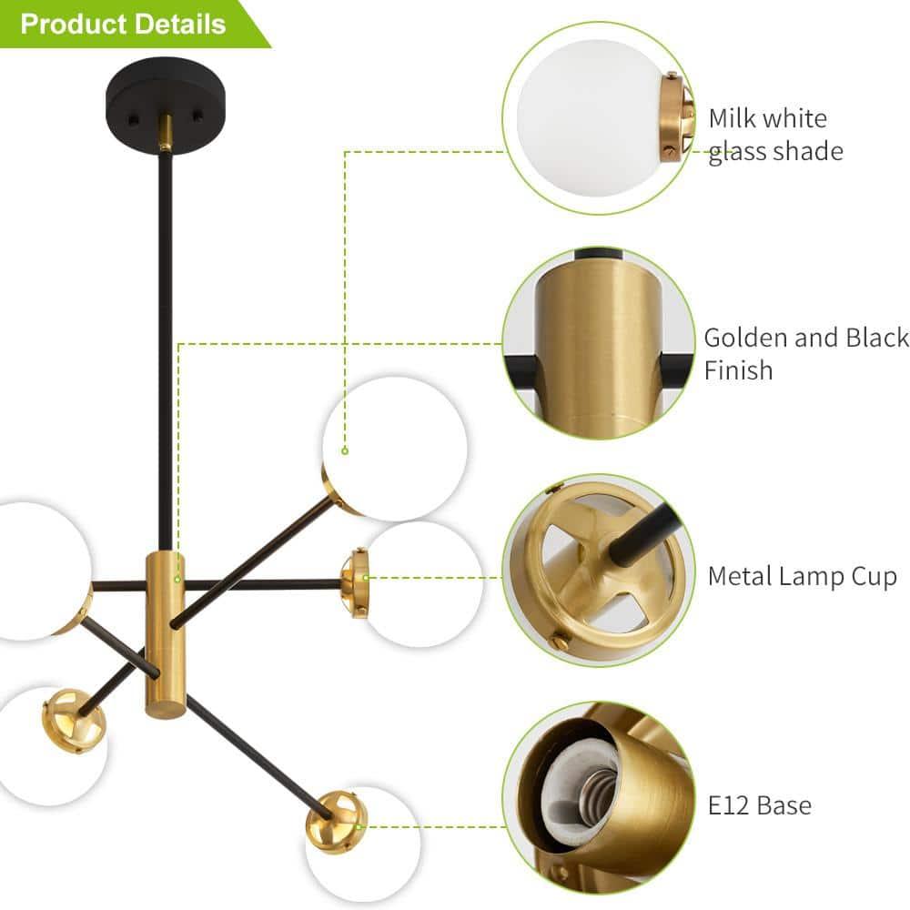 Gold Sputnik Chandelier 4-Light Globe Sputnik Ceiling Light Fixture Mid Century Sputnik Chandeliers with Milk Glass Shade