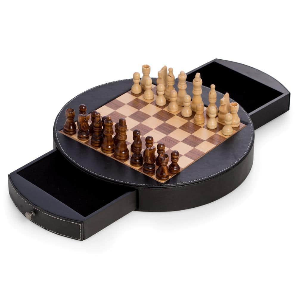 Leather & Wood Chess Set, Black