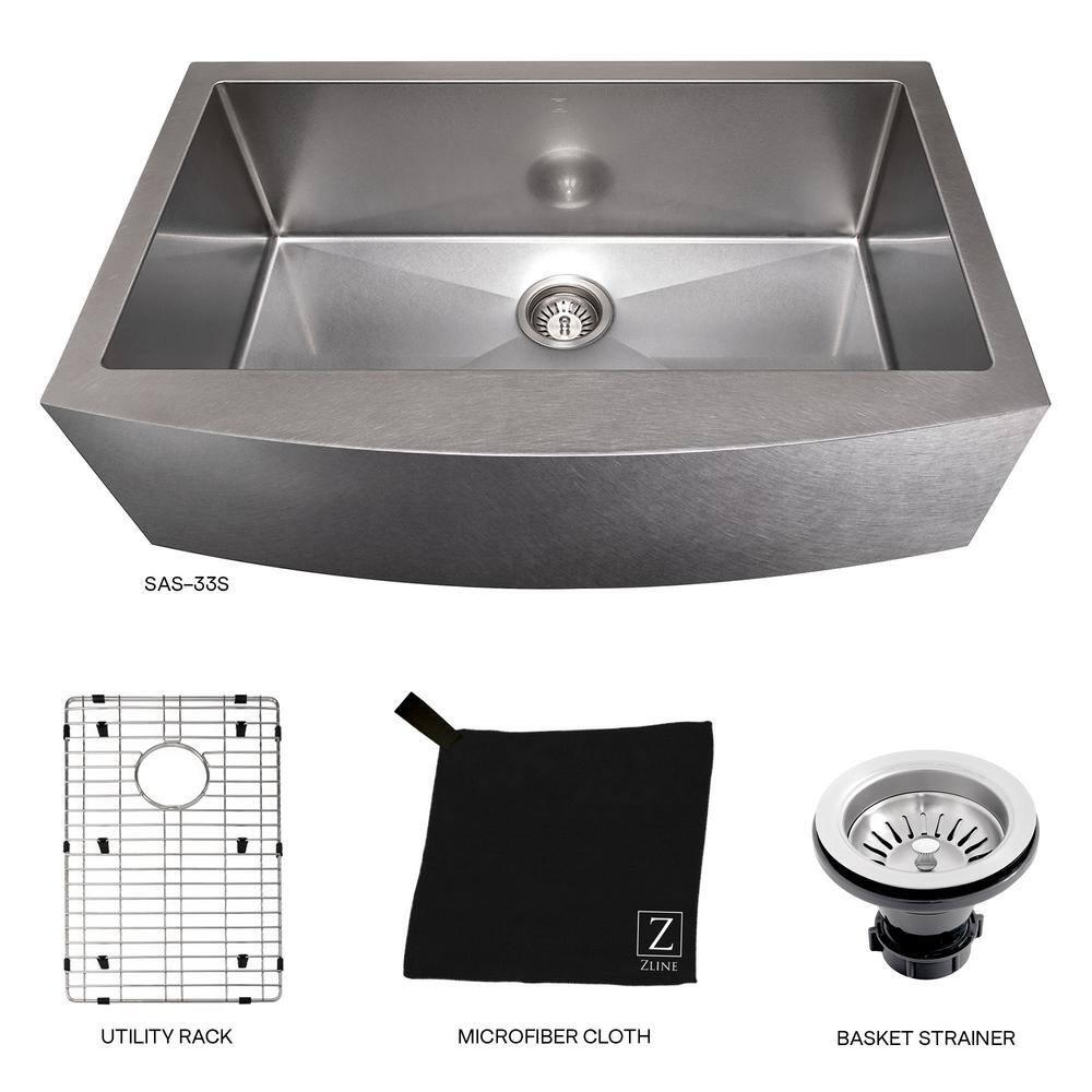 ZLINE 33 in. Vail Farmhouse Apron Mount Single Bowl DuraSnow Stainless Steel Kitchen Sink W/ Bottom Grid (SAS-33S)