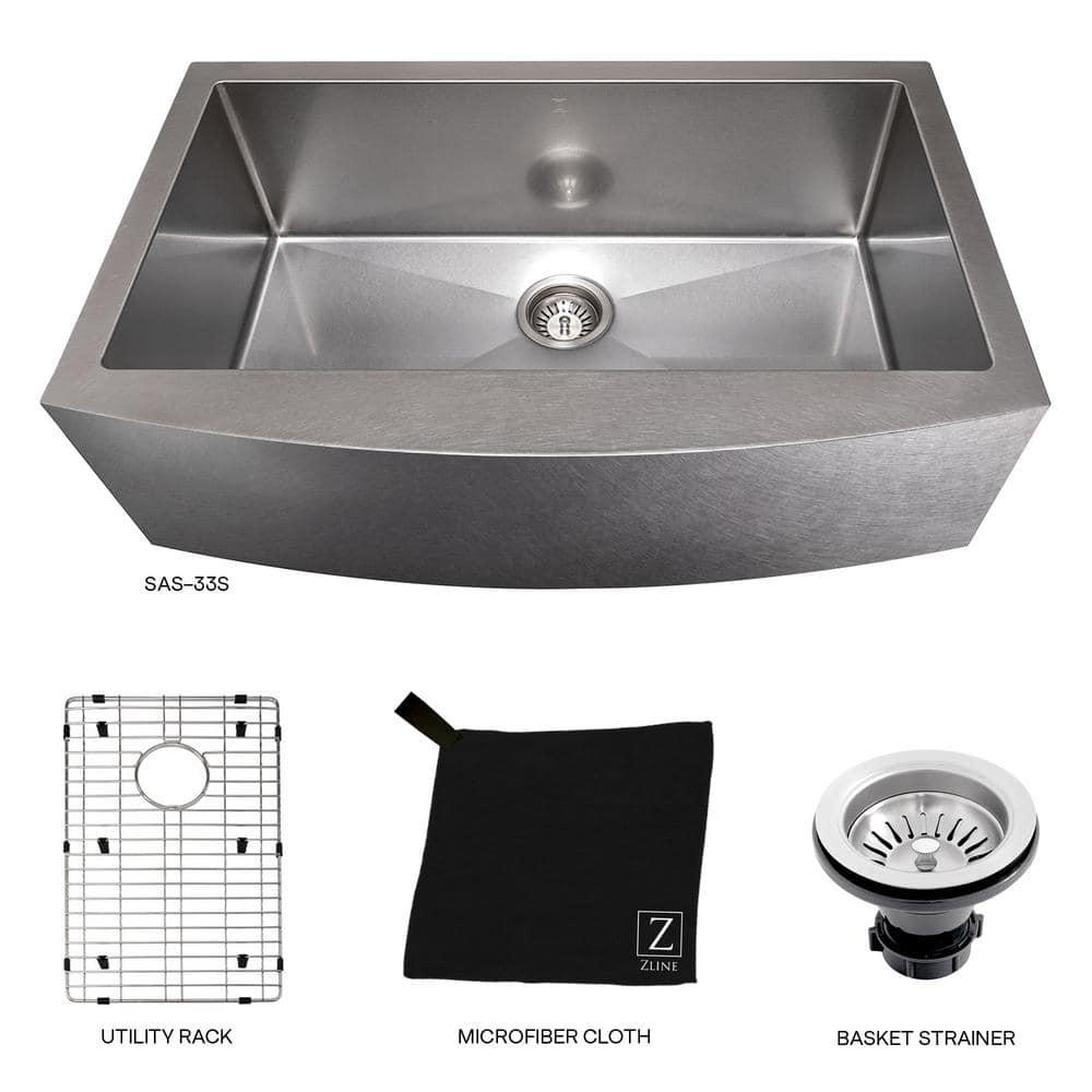 ZLINE 33 in. Vail Farmhouse Apron Mount Single Bowl DuraSnow Stainless Steel Kitchen Sink W/ Bottom Grid (SAS-33S)