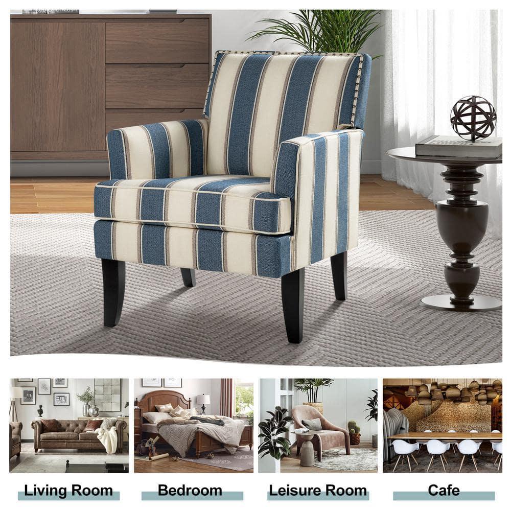 Upholstery Accent Chair Armchair Sofa Couch Lounge Seat Wood Black Legs Nailhead Trim Home Living Room Bedroom Stripe Blue