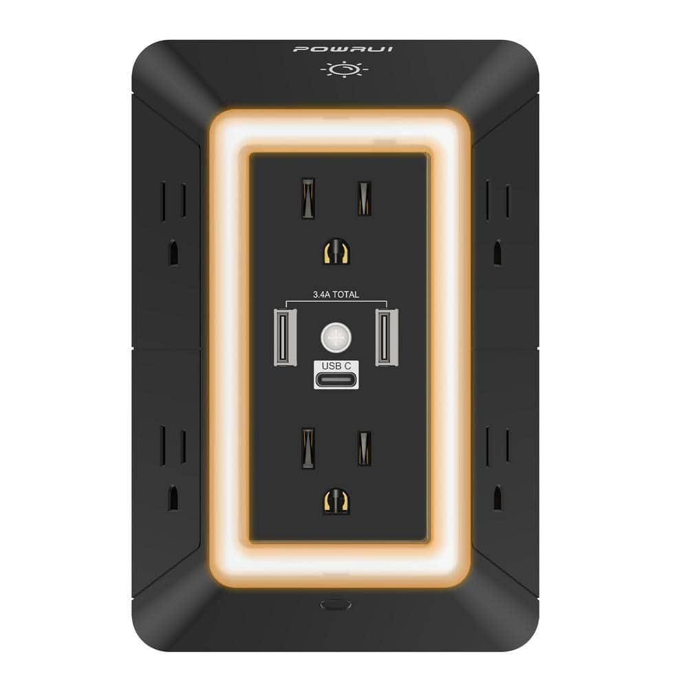 Outlet Extender Power Strip, POWRUI 6 AC Surge Protector Outlets with 3 USB Ports (1 USB C) and Night Light, 3-Sided Multi Plug Wall Outlet with Spaced Outlets - Black, ETL Listed