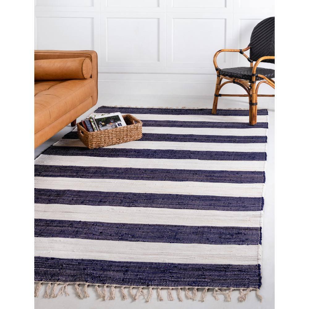 Unique Loom Chindi Rag Collection Area Rug - Striped (5' 1" x 8' Rectangle Navy Blue/Ivory)