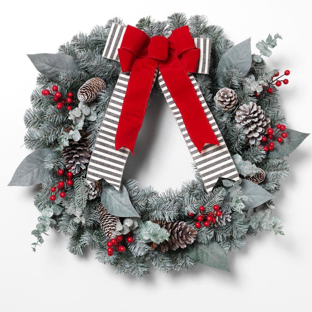 GIL  Snowy Pine Christmas Wreath with Red Berries, Pinecones & Bow