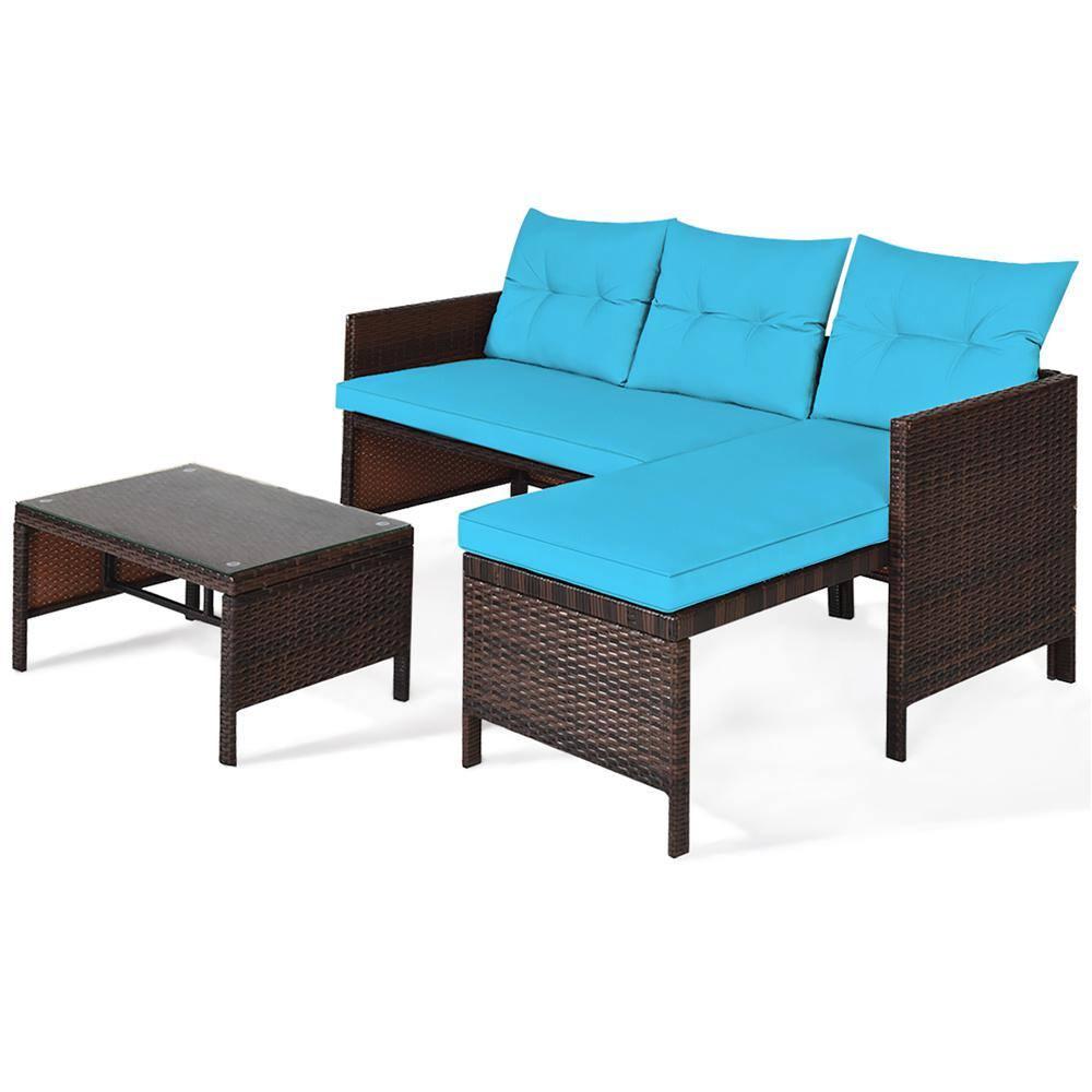 Costway 3PCS Patio Wicker Rattan Sofa Set Outdoor Sectional Conversation Set Turquoise