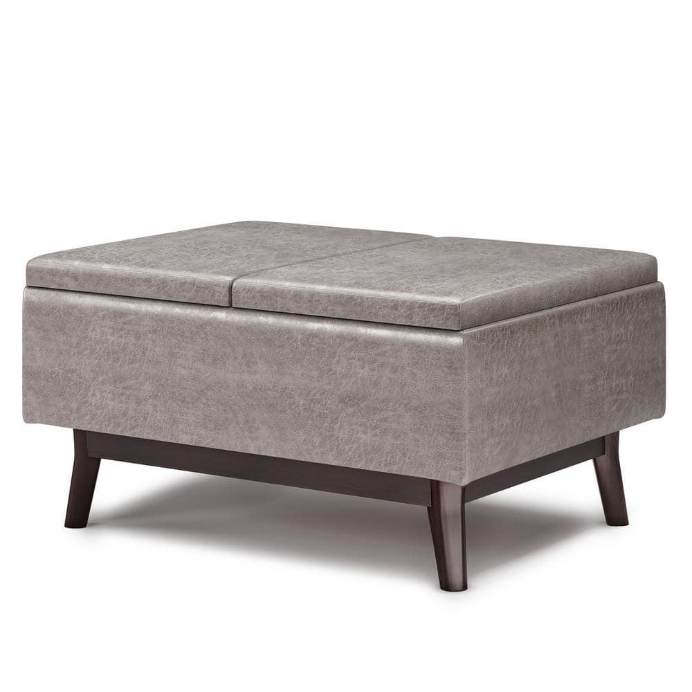 Simpli Home Owen 34"W Small Upholstered Coffee Table Storage Ottoman with Flip-Over Tray Top and Solid Wood Legs