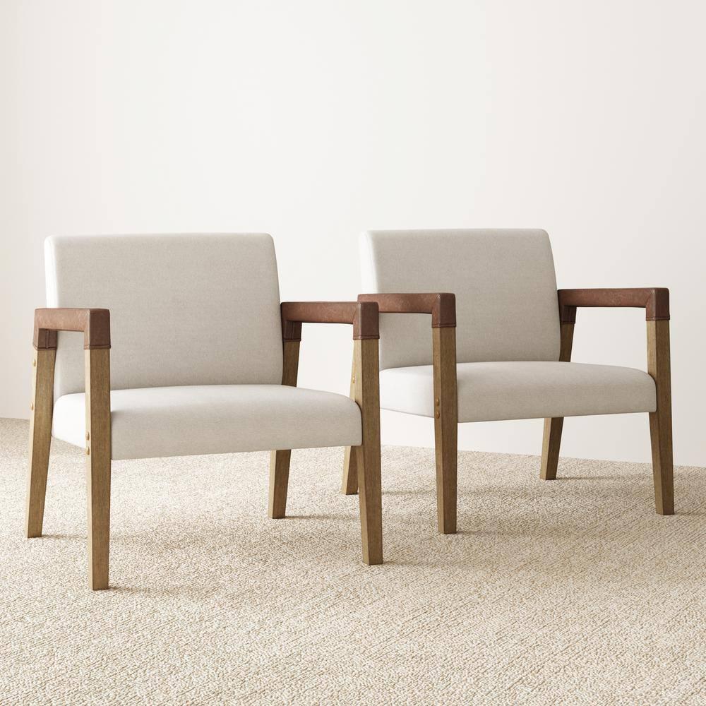 Nathan James Set of 2 Hudson Wood and Faux Leather Accent Chairs Flax