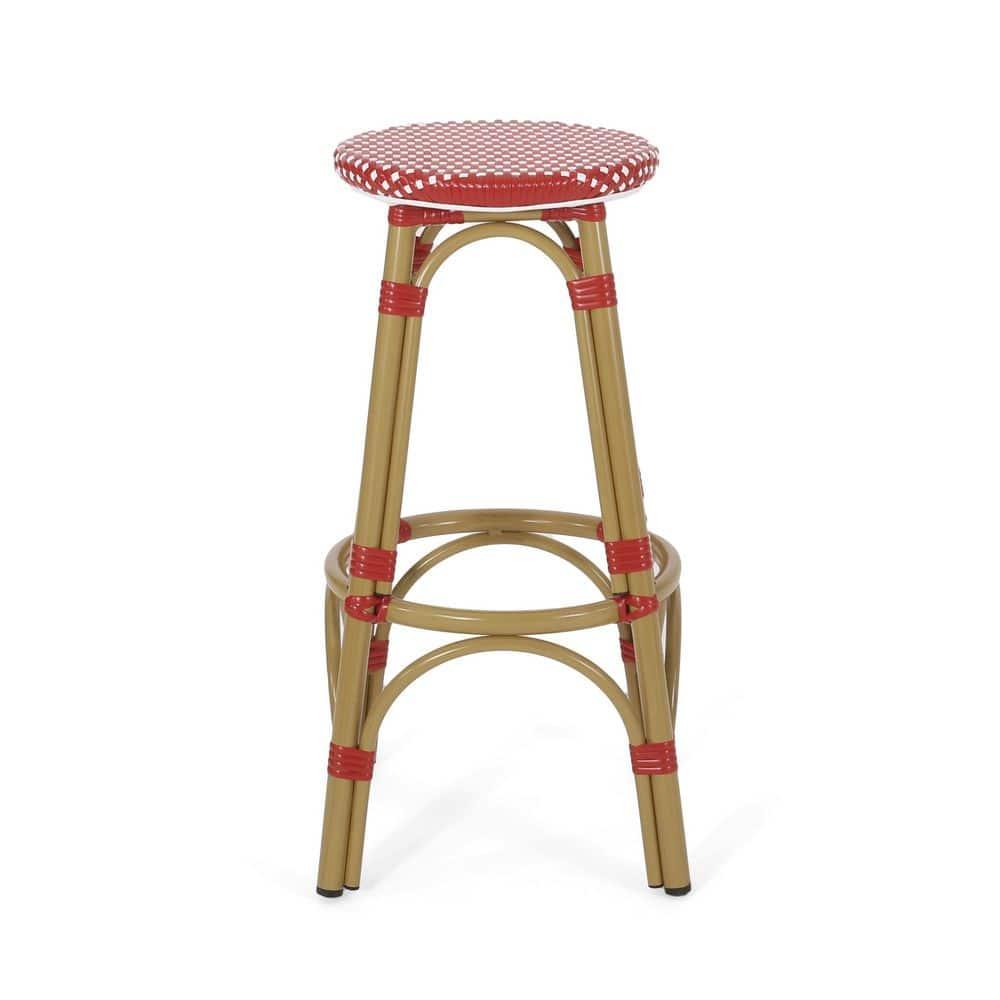 Wilbur Aluminum and Wicker Outdoor 29.5 Inch Barstools, Set of 2, Red, White, and Bamboo Finish