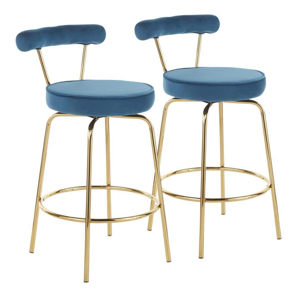 Set of 2 Rhonda Glam Counter Height Barstools Blue Velvet - LumiSource: Gold Finish, Metal Frame, Swivel, 25.5" Seat Height
