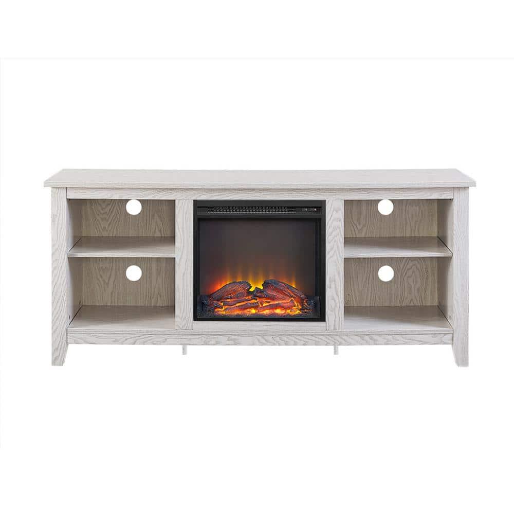 Walker Edison Wren Classic 4 Cubby Fireplace TV Stand for TVs up to 65 Inches, 58 Inch, White Wash