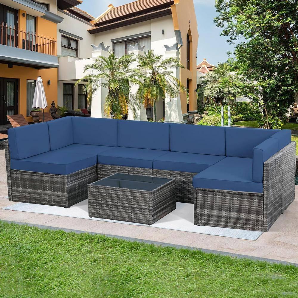 U-MAX 7 Piece Outdoor Patio Furniture Set, PE Rattan Outdoor Wicker Sectional Furniture Chair Set with Cushions and Tea Table, Grey Rattan and Navy Cushion