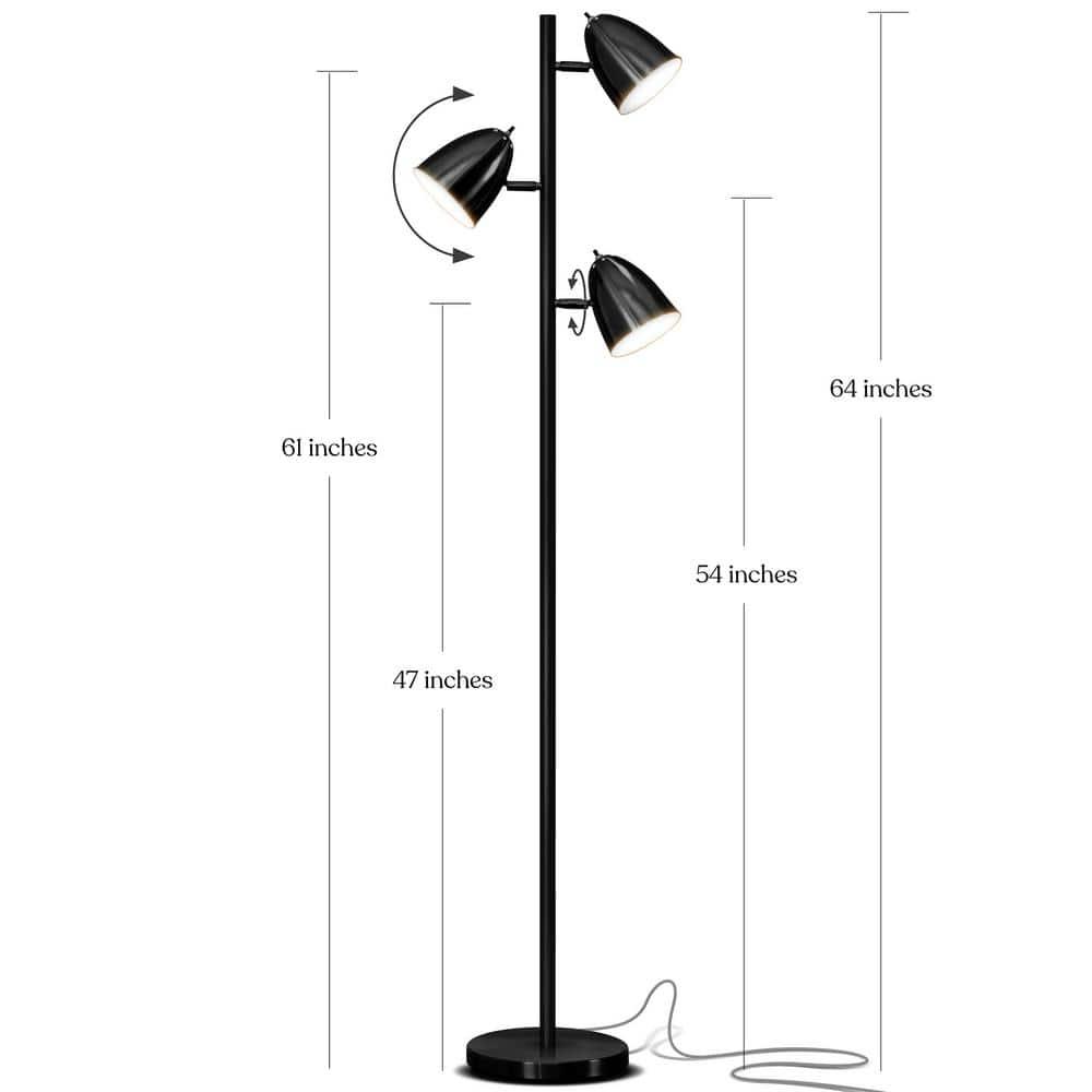 Brightech Jacob 64" Modern 3-Light Adjustable LED Floor Lamp with Black Finish and Metal Cone Shades, Bulbs Included