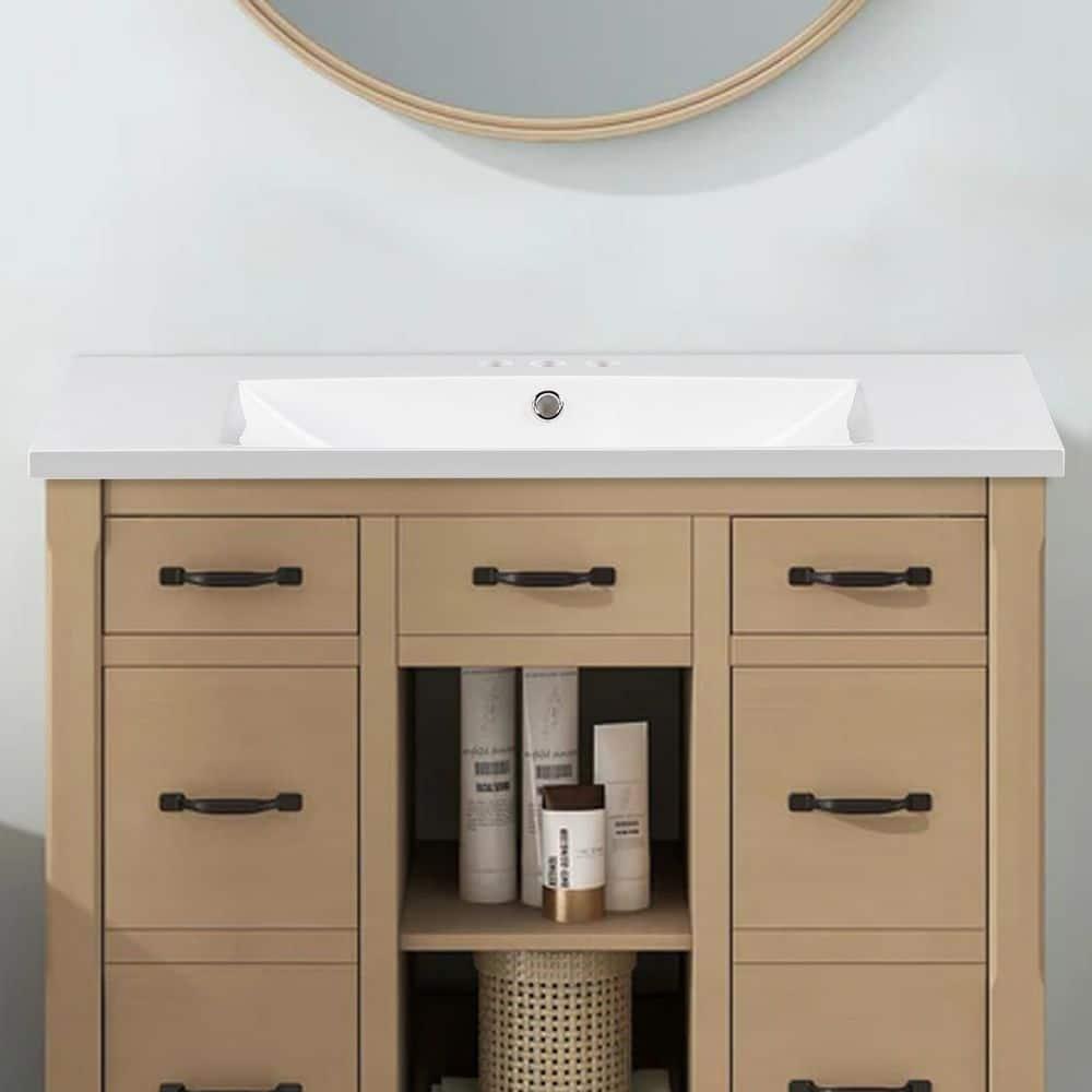 36" Countertop Bathroom Sink, Resin Bathroom Sink With Faucet Holes, Bathroom Vessel Sink, Stain-Resistant Countertop Basin, White