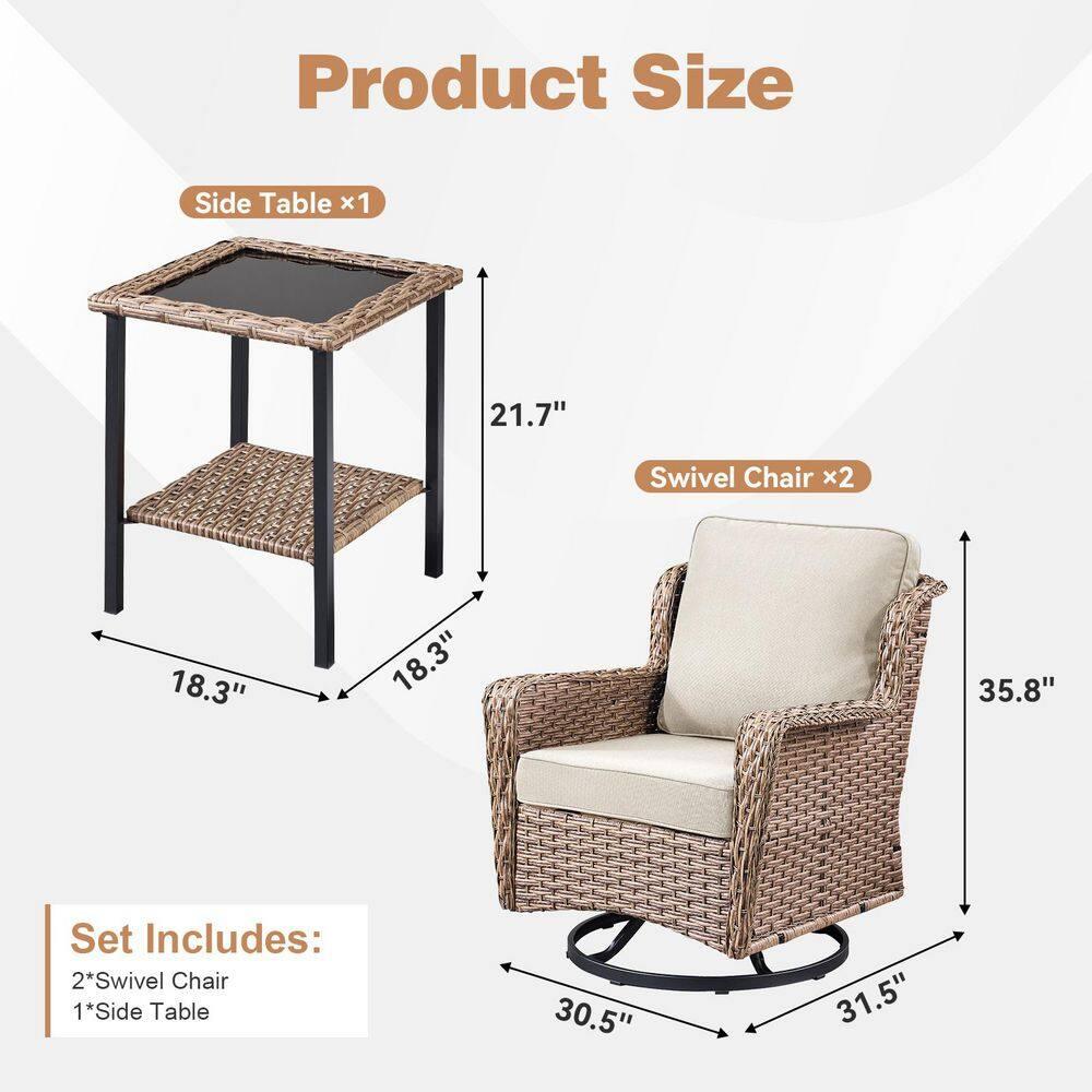 Buenhomino 3-Piece Wicker Outdoor Bistro Set with Swivel Glider Chairs, 2-Person Patio Furniture Set with Beige Cushions