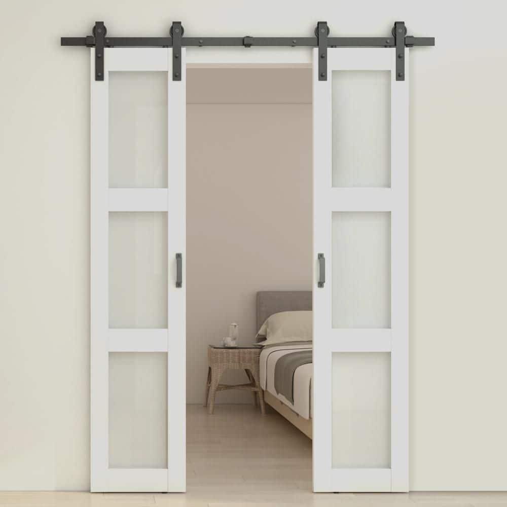 Calhome 3-Lite Tempered Frosted Glass White Finished Composite Double Sliding Barn Door with Hardware Kit Handle