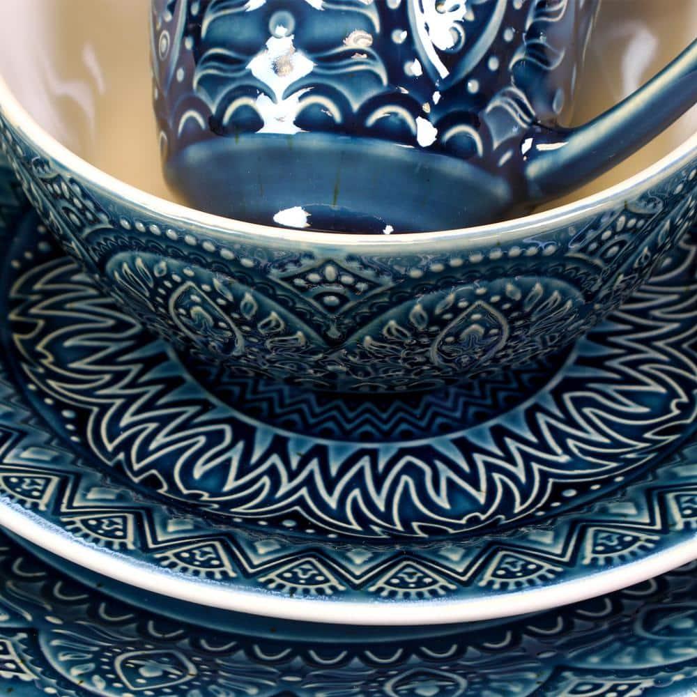 16pc Stoneware Mandala Embossed Dinnerware Set Blue - Elama: Classic Lace Pattern, Service for 4, Microwave & Dishwasher Safe
