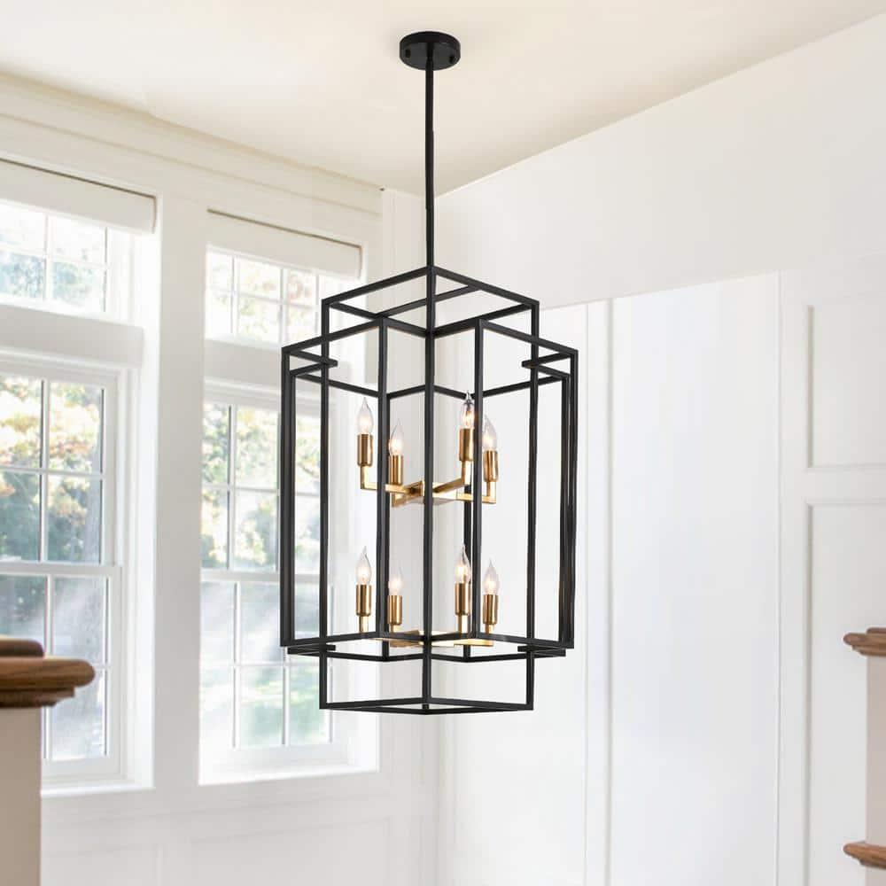 8-Light Lantern Tiered Pendant Light Fixtures, Black Metal Farmhouse Chandelier Hall Foyer Hanging Chandelier for Kitchen Island Dining Room Living Room Foyer Entryway, Black+Gold