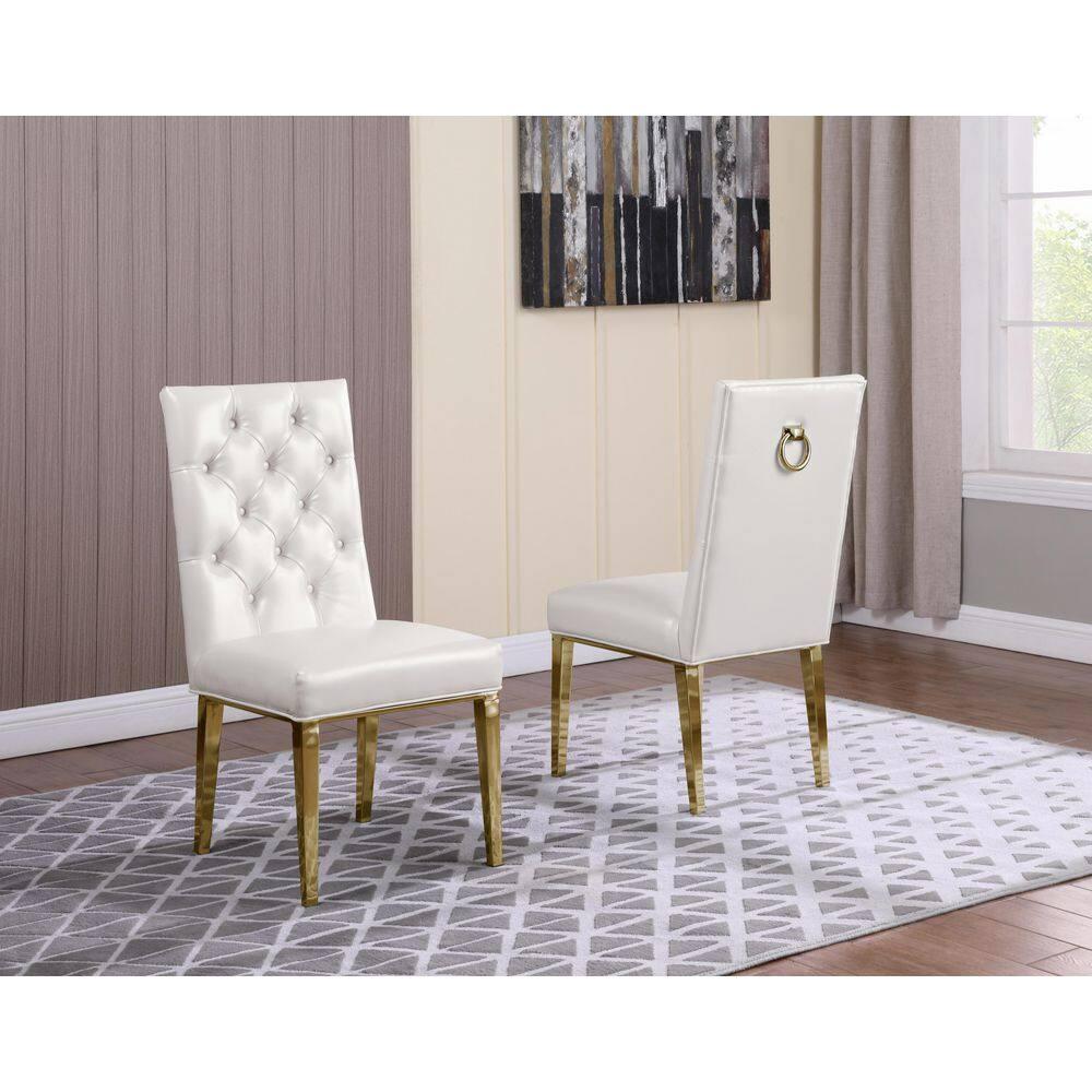 White Faux Leather Tufted Side Chairs with Gold Chrome Legs (Set of 2)