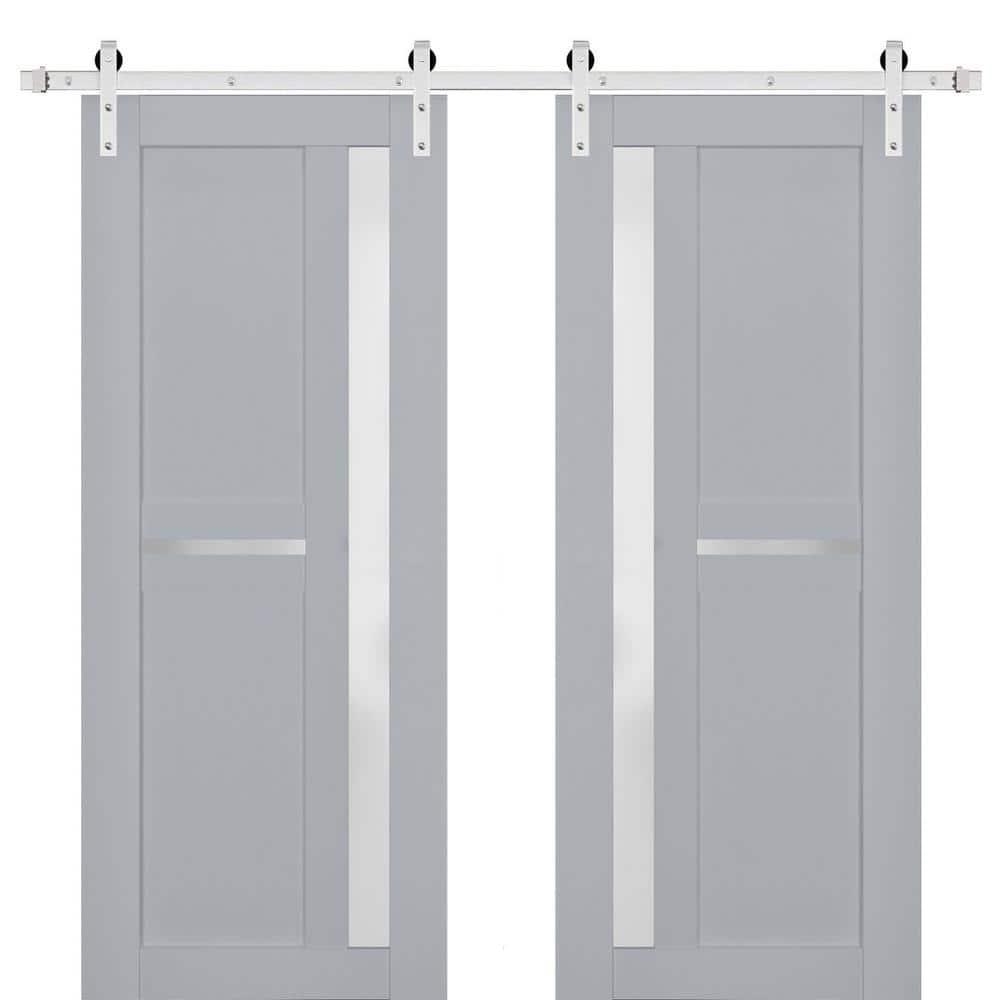 Sturdy Double Barn Door with Frosted Glass | Veregio 7288 Matte Grey | 13FT Rail Hangers Heavy Set | Solid Panel Interior Doors-72" x 84" (2* 36x84)-Silver Rail