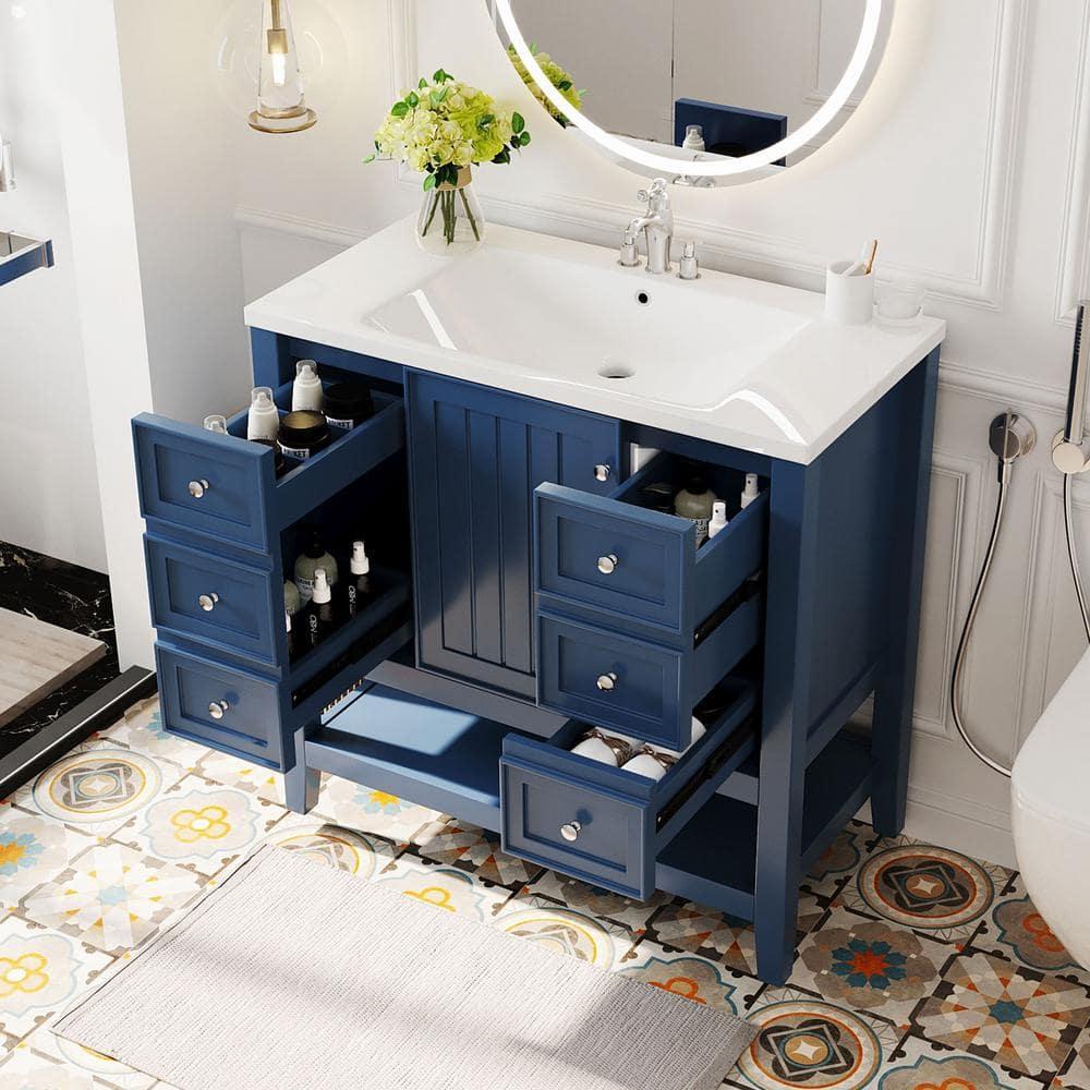 36" Bathroom Vanity with Sink Combo, Bathroom Vanity and Sink Set with 1 Cabinet and 3 Drawers, Solid Wood and MDF Board Frame, Blue
