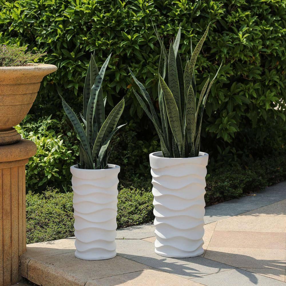 LuxenHome Set of 2 White Waves Tall Round MgO Planters