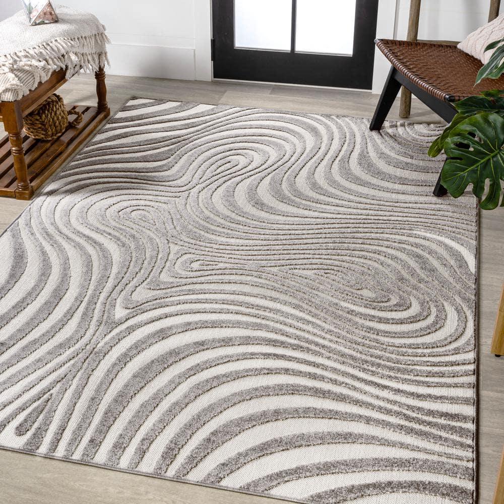 JONATHAN Y Maribo High-Low Abstract Groovy Striped Gray/Ivory 5 ft. x 8 ft. Indoor/Outdoor Area Rug