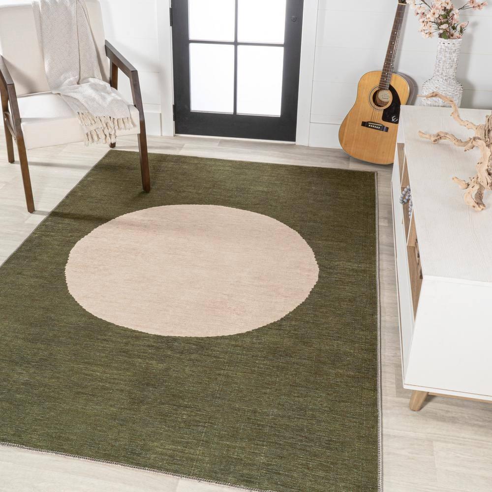 4' x 6' Cirkel Minimalist Geometric Dot Machine-Washable Area Rug, Olive/Cream - JONATHAN Y