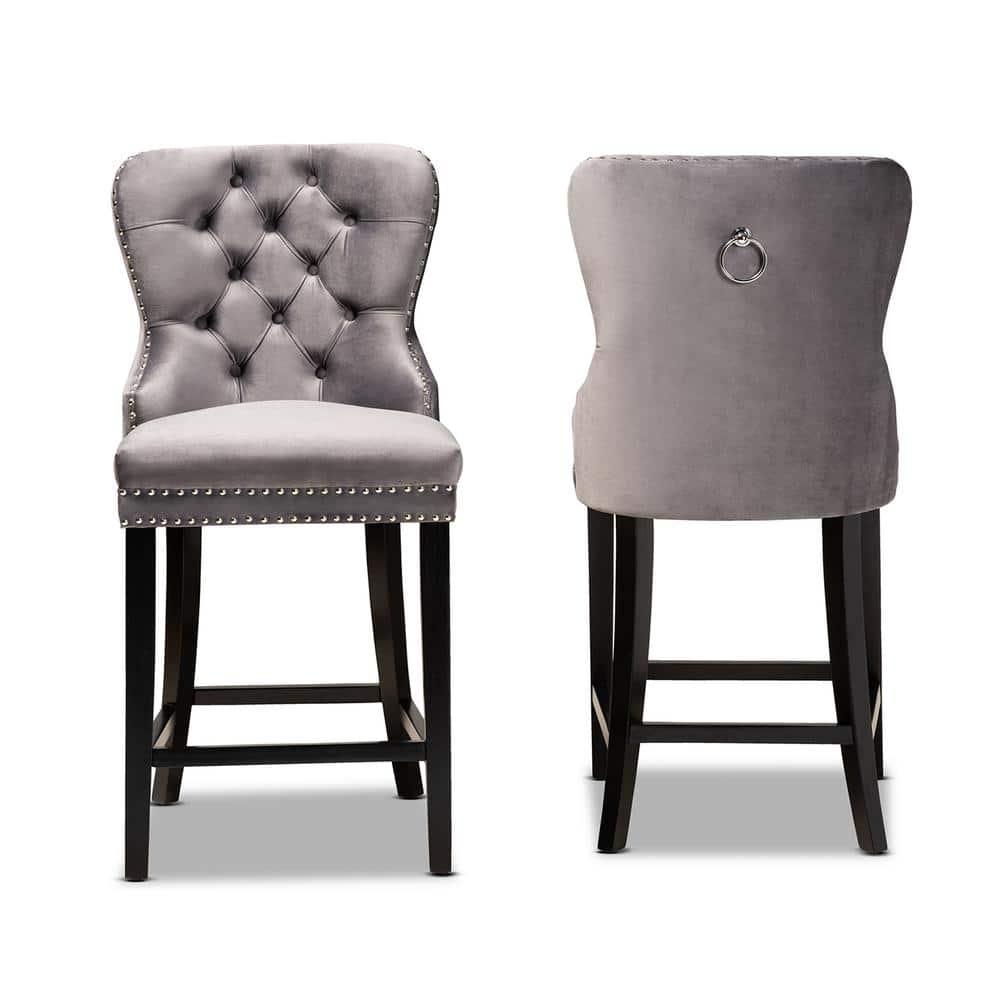 2pc Howell Modern Velvet Upholstered Wood Counter Height Barstool Set Gray/Brown - Baxton Studio: Polyester, Fixed Height