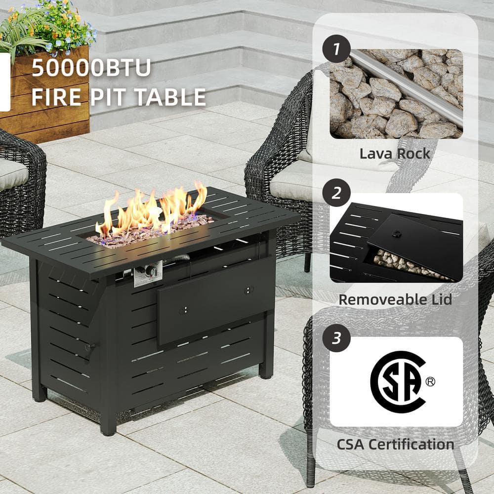 40-Inch Rectangular Propane Fire Pit Table, 50,000 BTU Outdoor Gas Fire Pit with Waterproof Cover, Alloy Steel Fire Table with Lid and Lava Rocks, Modern Black Firepit for Patio and Backyard