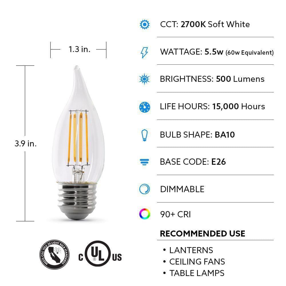 Clear Flame Tip Dimmable LED Chandelier Bulbs, 60-Watt Equivalent