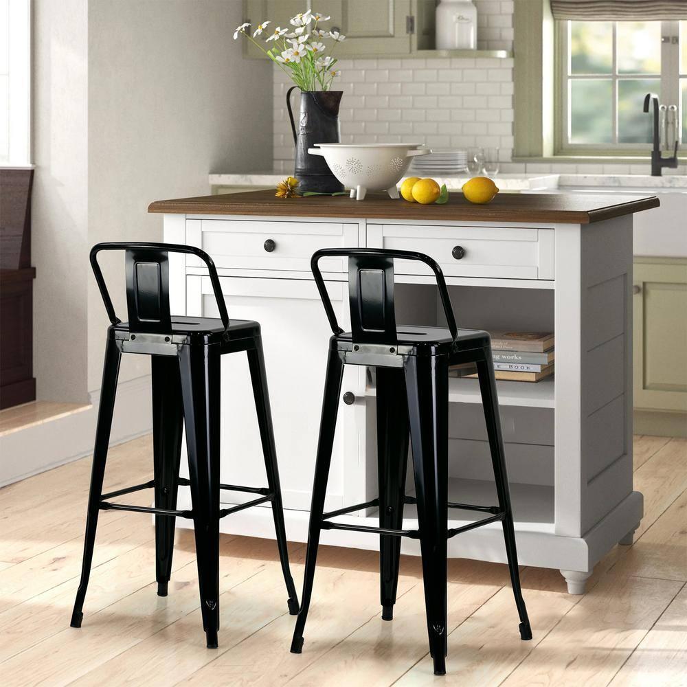 Simpli Home Rayne Metal Industrial Stool with Curved Back, Cross-Brace, and Footrest